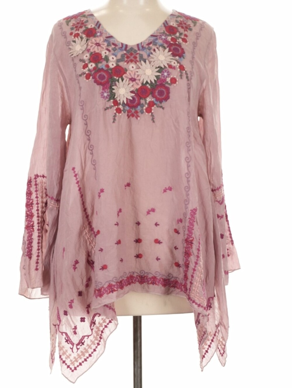 Johnny Was Pink Embroidered Boho Handkerchief Hem Tunic Blouse L